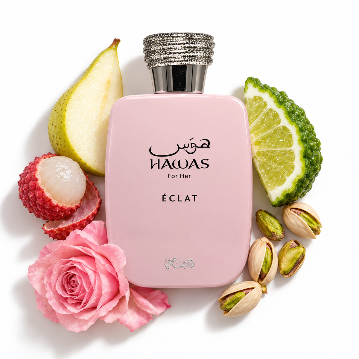 Rasasi Hawas Eclat 100ml perfume bottle on white with litchi, bergamot, pear, pistachio, rose fragrance-note props