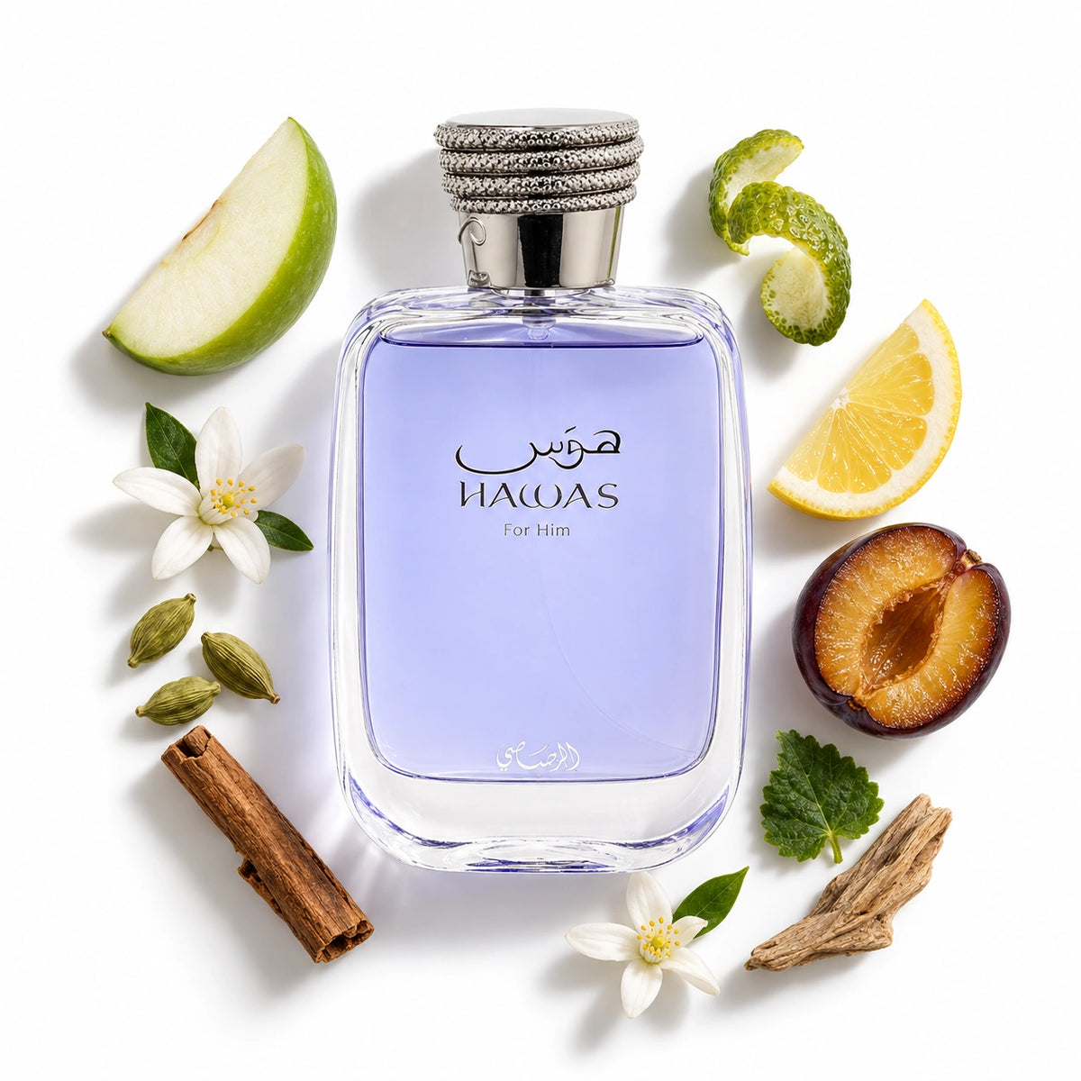 Rasasi Hawas for Him 100ml bottle with apple, bergamot, lemon, cinnamon, orange blossom, cardamom, plum, patchouli and driftwood