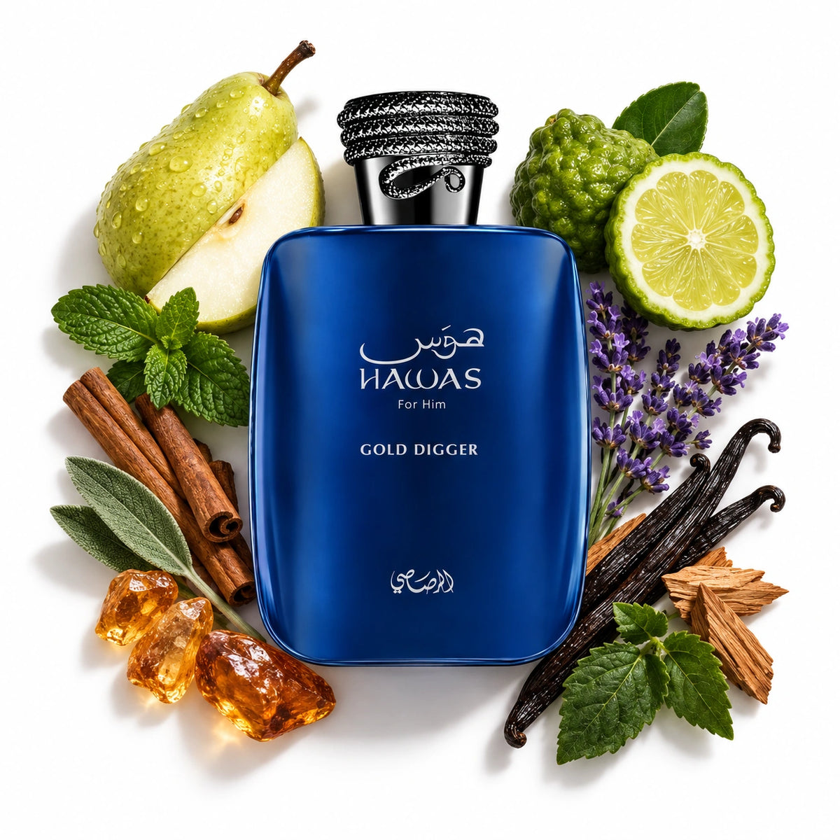 Rasasi Hawas Gold Digger Eau de Parfum 100ml blue bottle surrounded by pear, mint, lavender, cinnamon and vanilla