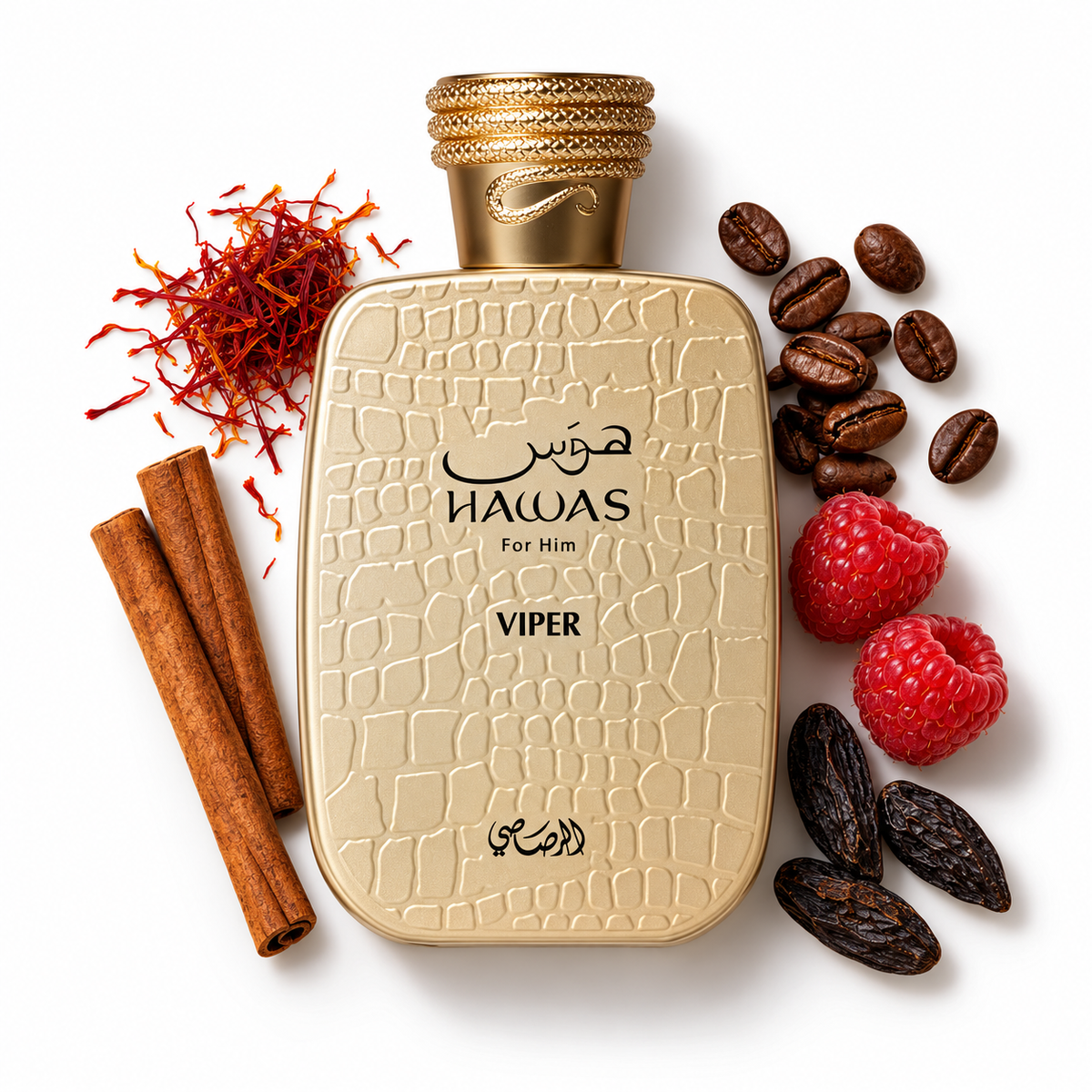 Rasasi Hawas Viper 100ml perfume bottle on white with saffron, cinnamon, coffee, raspberry, tonka bean