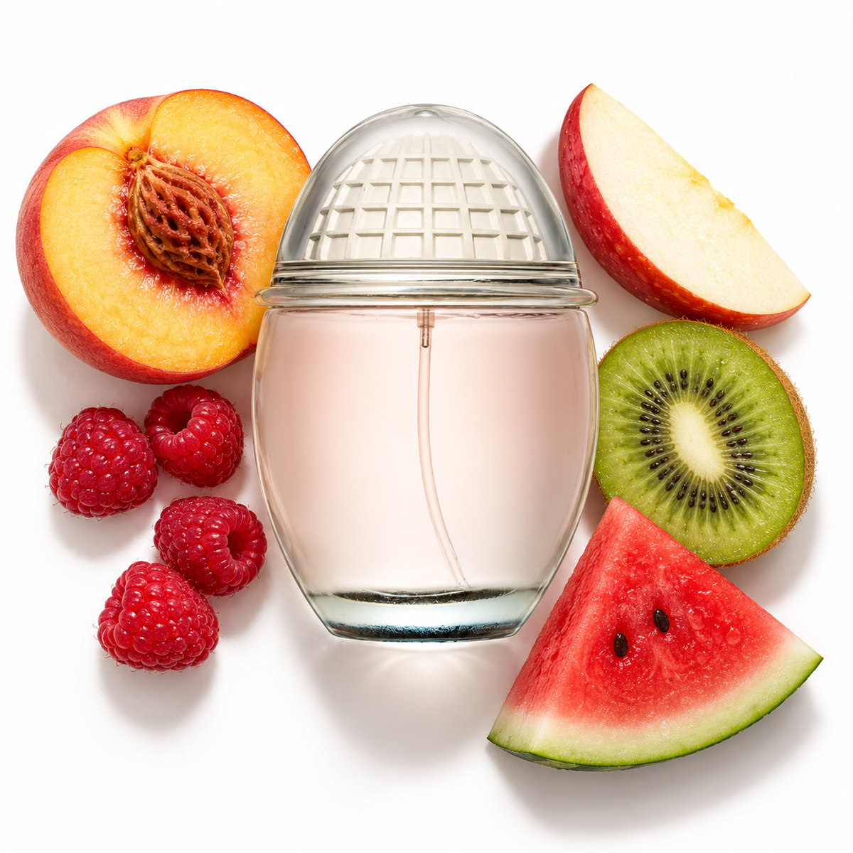 Rasasi Hemisphere Latitude 100ml perfume bottle on white with peach, raspberry, apple, kiwi, watermelon