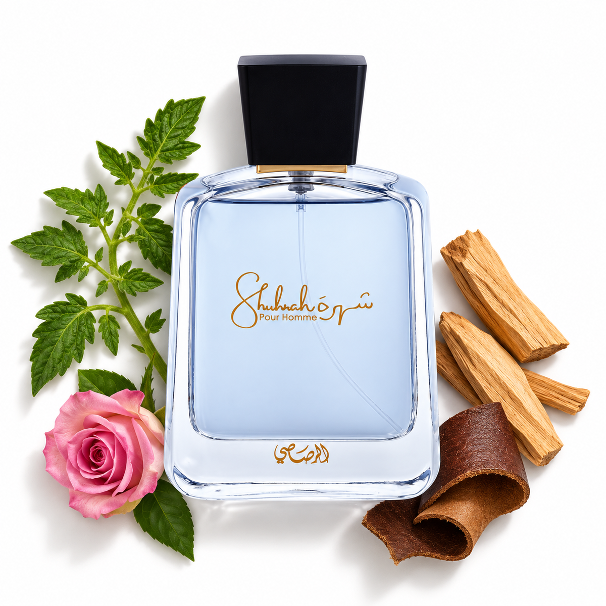 Rasasi Shuhrah Pour Homme 90ml perfume bottle on white with tomato leaves, rose, sandalwood, leather fragrance-note props