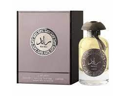 Rawaad perfume in circular bottle with Arabic calligraphy by Lattafa