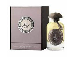 Rawaad perfume in circular bottle with Arabic calligraphy by Lattafa