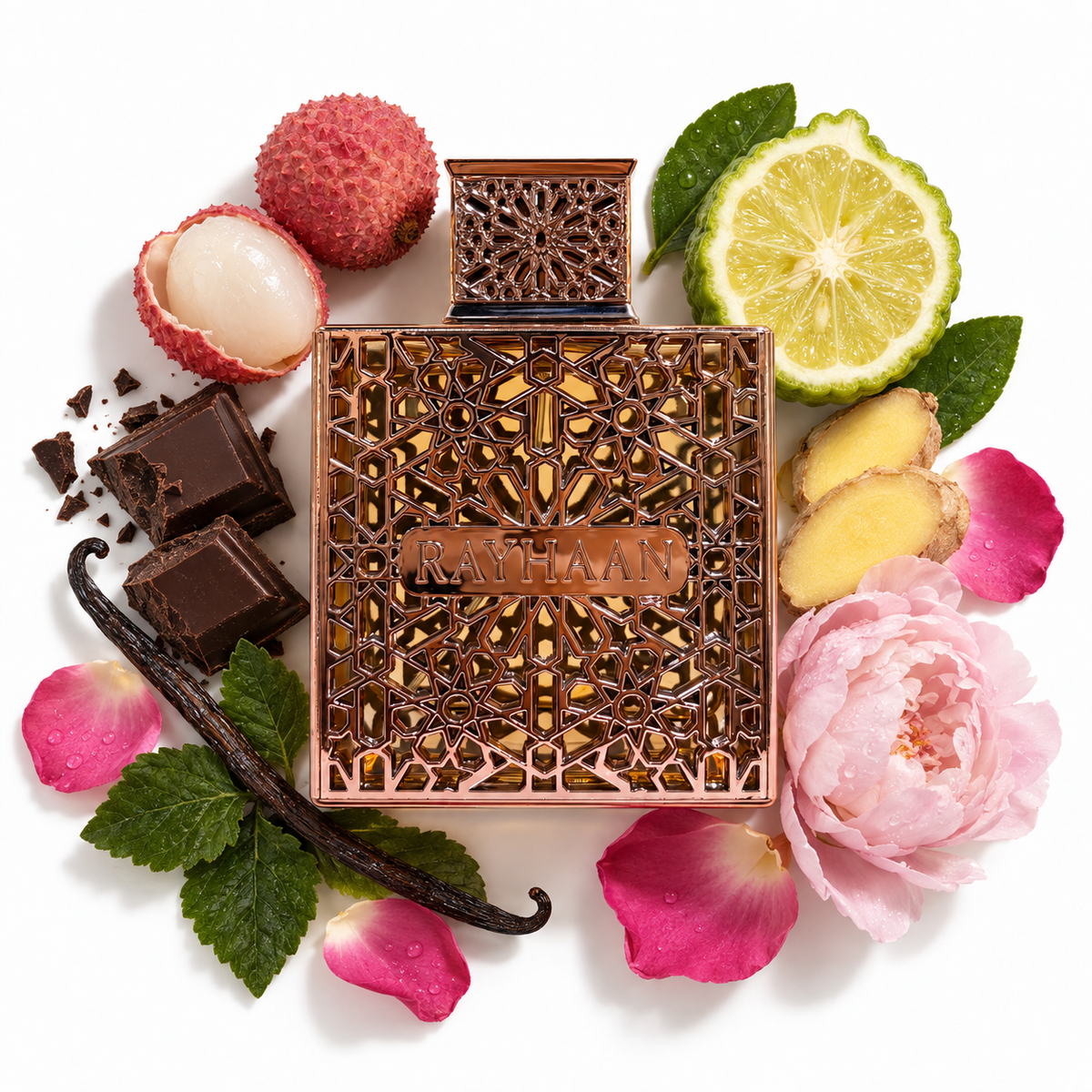 Rayhaan Divine Eau de Parfum 100ml with lychee, bergamot, ginger, peony, rose, vanilla, chocolate and patchouli