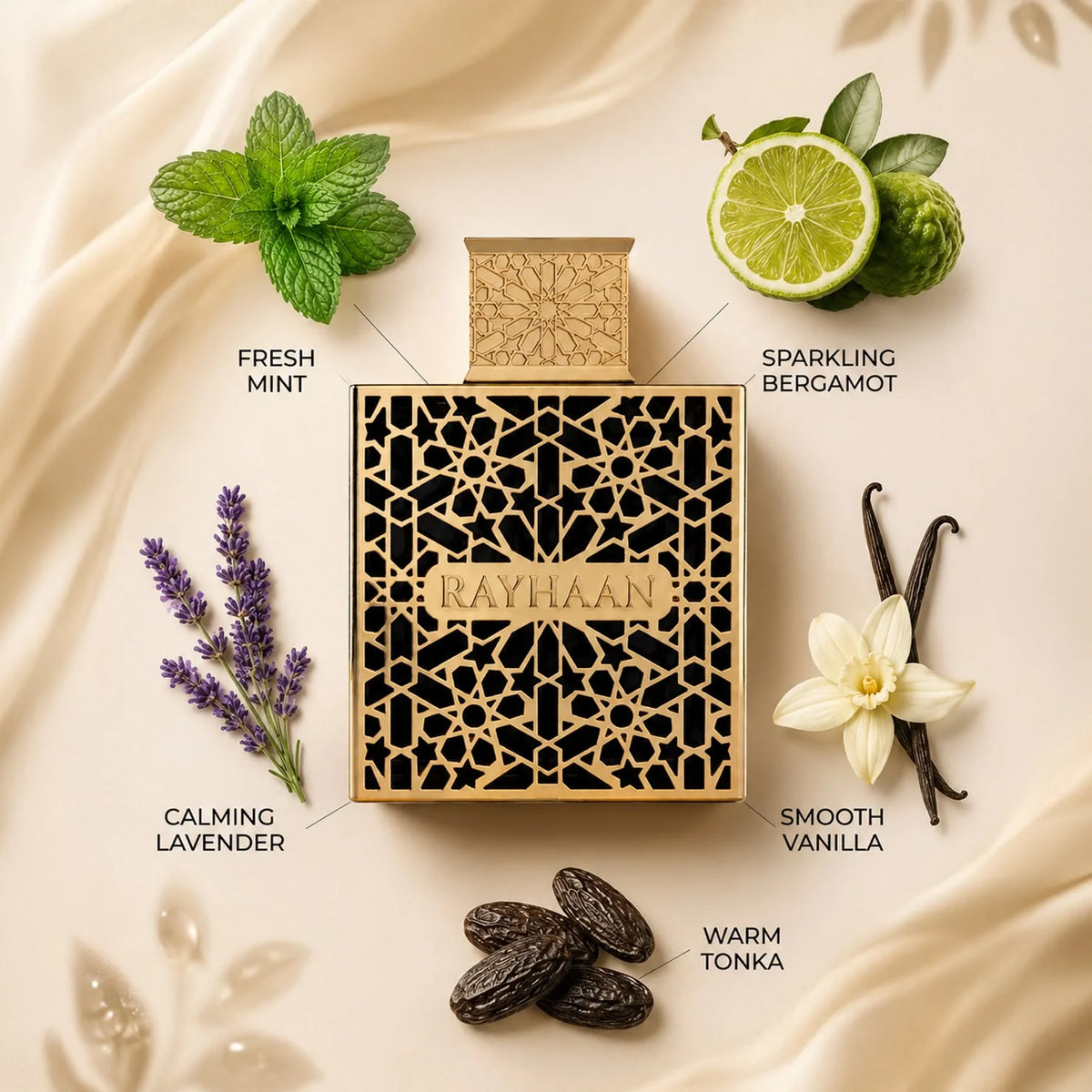 Rayhaan Elixir Eau de Parfum 100ml bottle on cream fabric with labelled scent notes – unisex perfume, notes of benzoin, tonka bean and bergamot