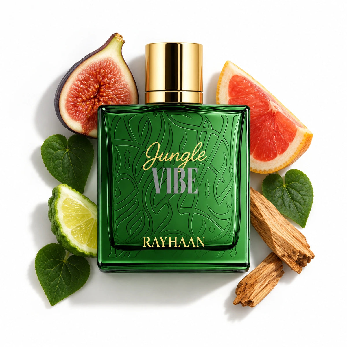 Rayhaan Jungle Vibe Eau de Parfum 100ml bottle with fig, grapefruit, bergamot, violet leaf and sandalwood – unisex perfume