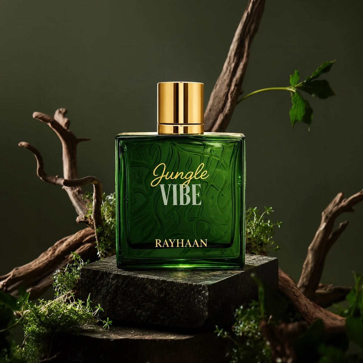 Rayhaan Jungle Vibe Eau de Parfum 100ml bottle on a branch in a jungle scene – unisex perfume, notes of sandalwood, grapefruit and bergamot