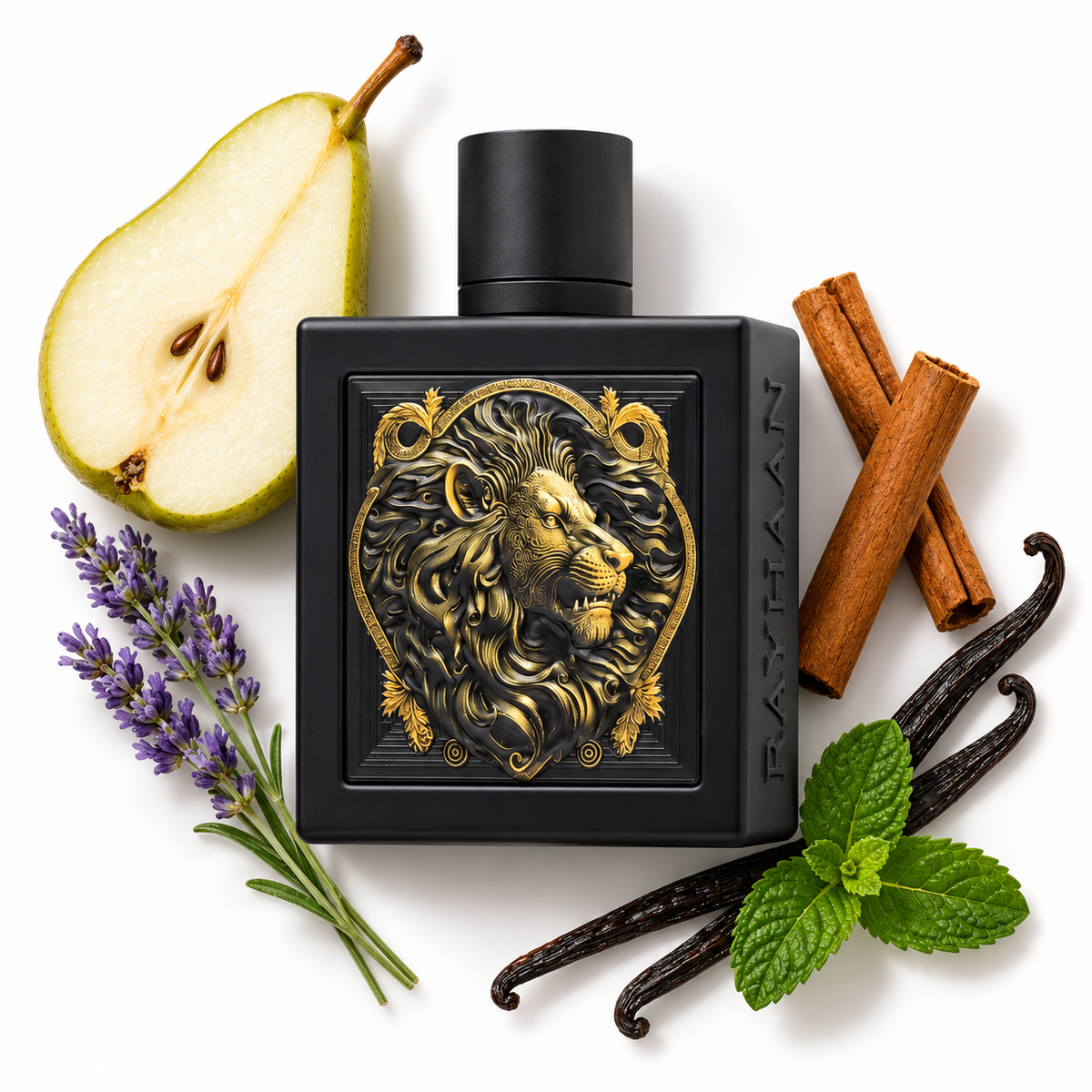 Rayhaan Lion 100ml perfume bottle on white with pear, lavender, cinnamon, vanilla, mint