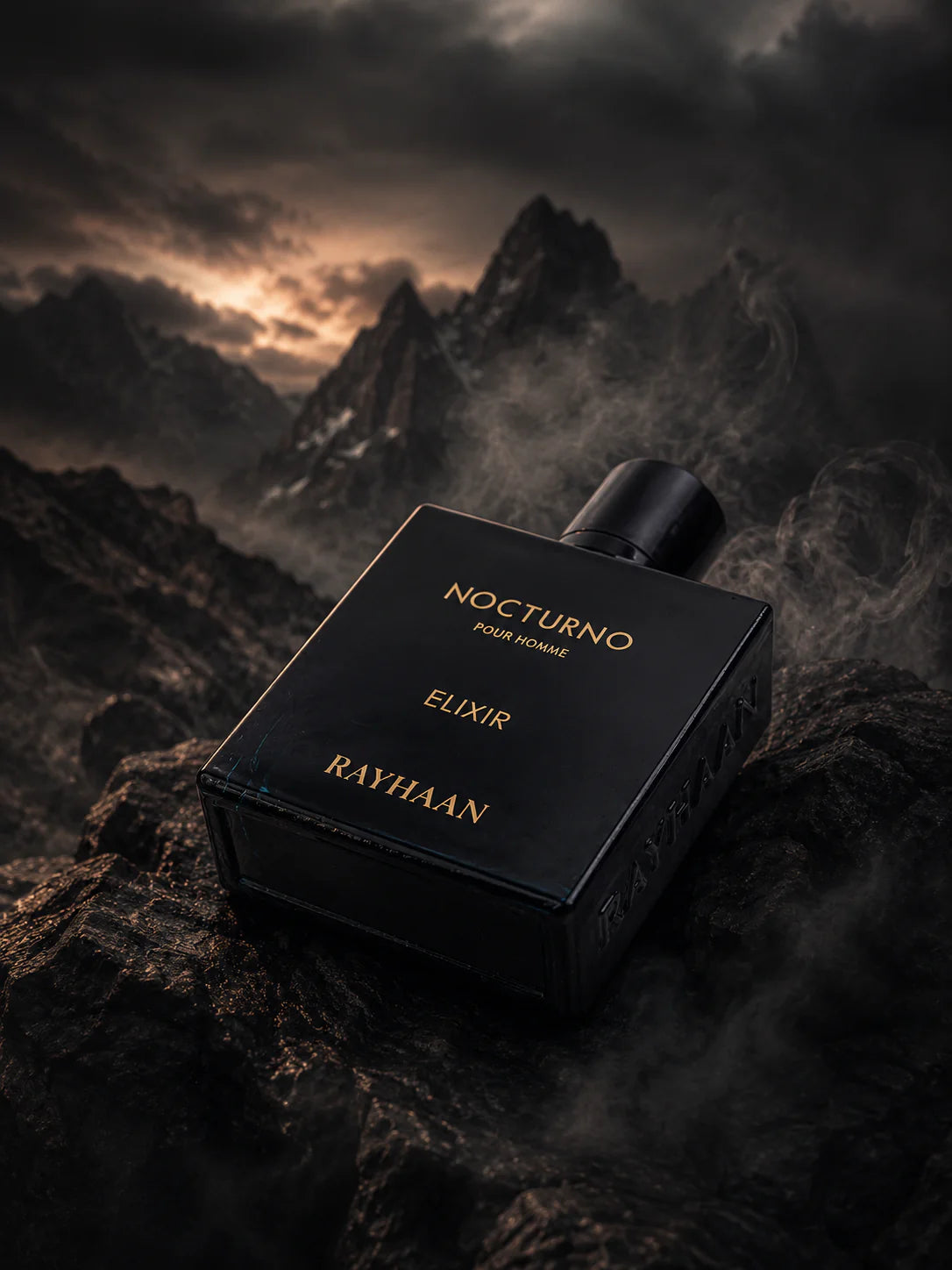 Rayhaan Nocturno Pour Homme Eau de Parfum 100ml bottle on dark rocks – perfume, notes of pepper, cedarwood and mint