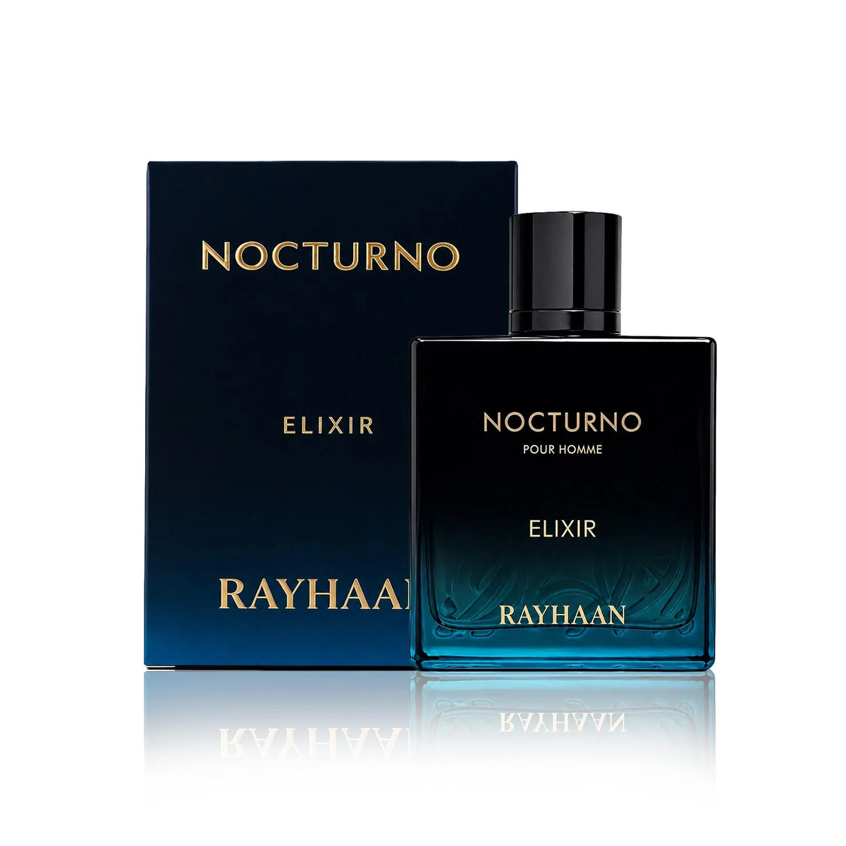 Rayhaan Nocturno Pour Homme Eau de Parfum 100ml bottle with its box – perfume, notes of cedarwood, mint and geranium