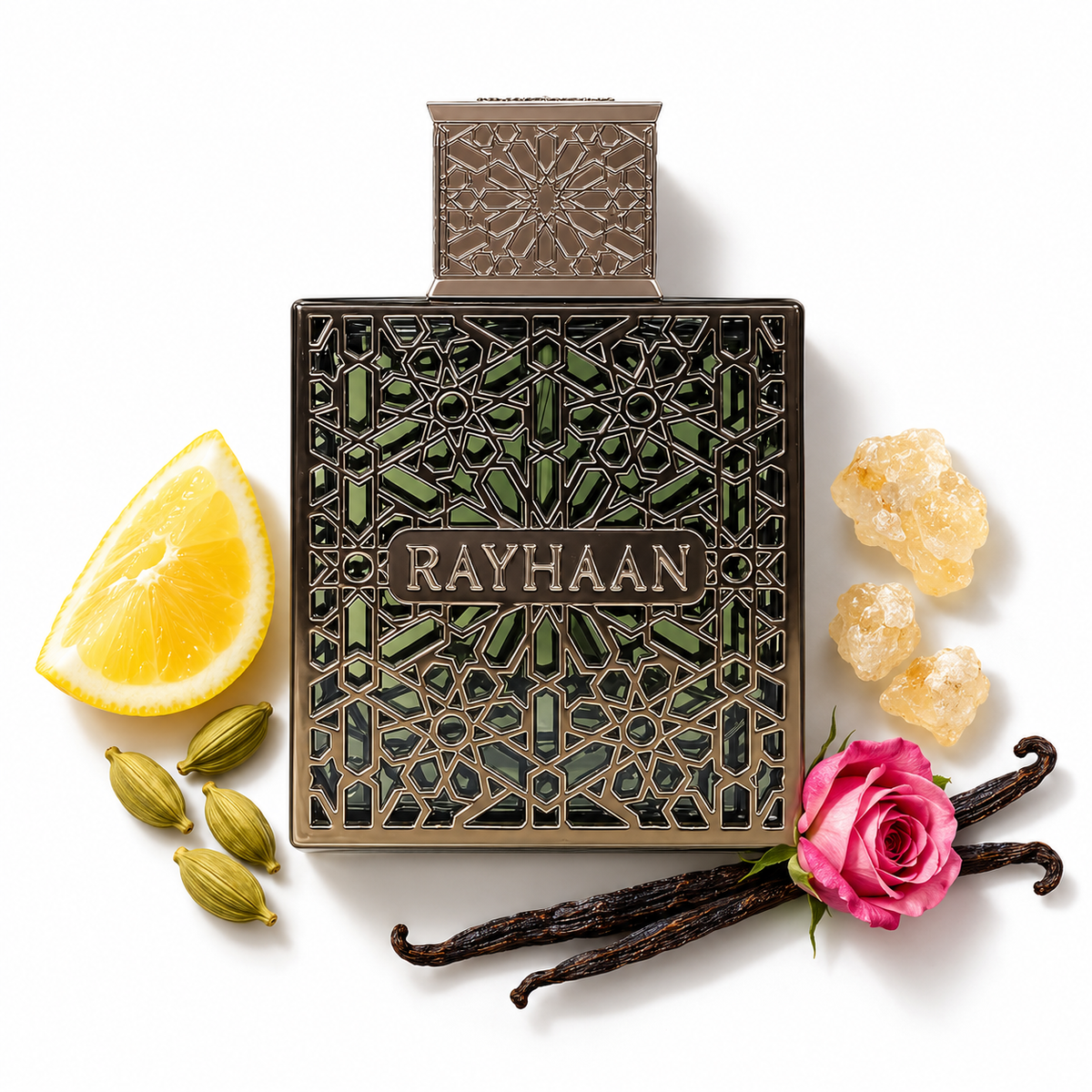Rayhaan Terra 100ml bottle on white with cardamom, lemon, frankincense, vanilla and rose