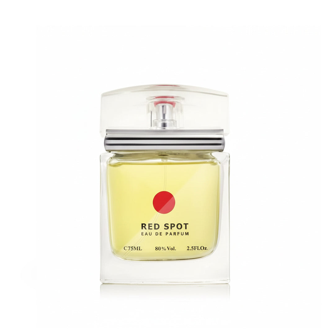 Perfume bottle labeled 'Red Spot' on a white background