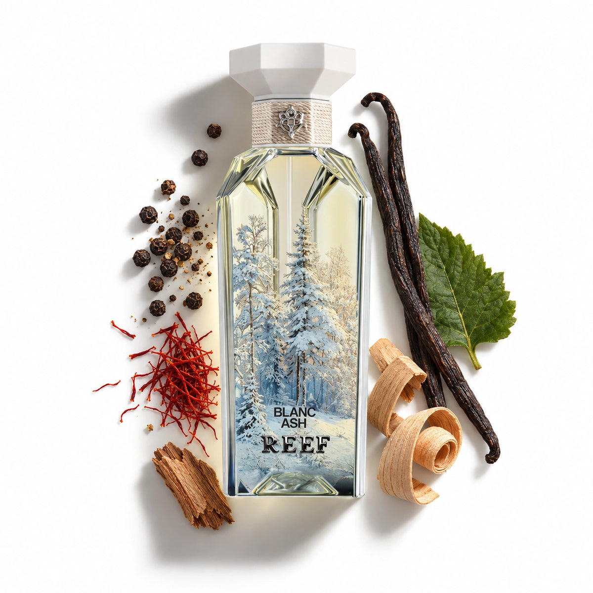 Reef Perfumes Blanc Ash 150ml bottle with black pepper, saffron, vanilla, sandalwood, patchouli and cedarwood