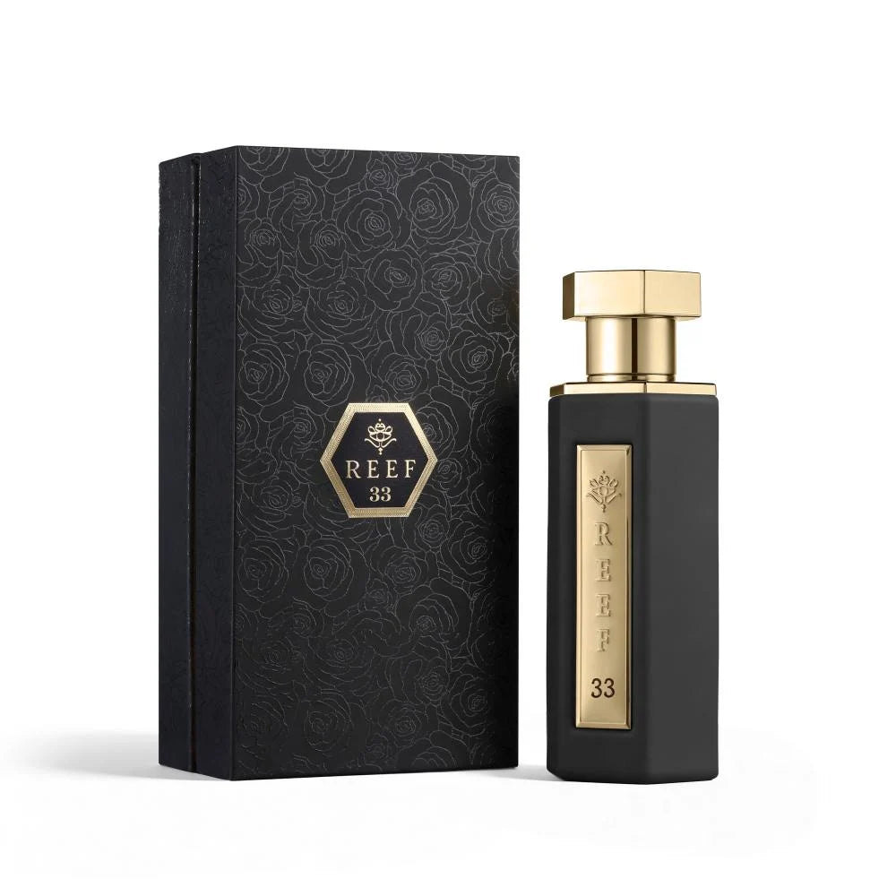 Reef Perfumes Reef 33 Eau de Parfum 100ml bottle with its box – unisex spicy woody oud perfume, notes of saffron, oud and rosemary