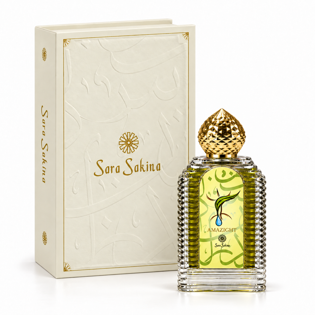 Amazight by Sara Sakina, ribbed olive-gold 100ml bottle with the embossed ivory book-style presentation case and gold branded spine behind it