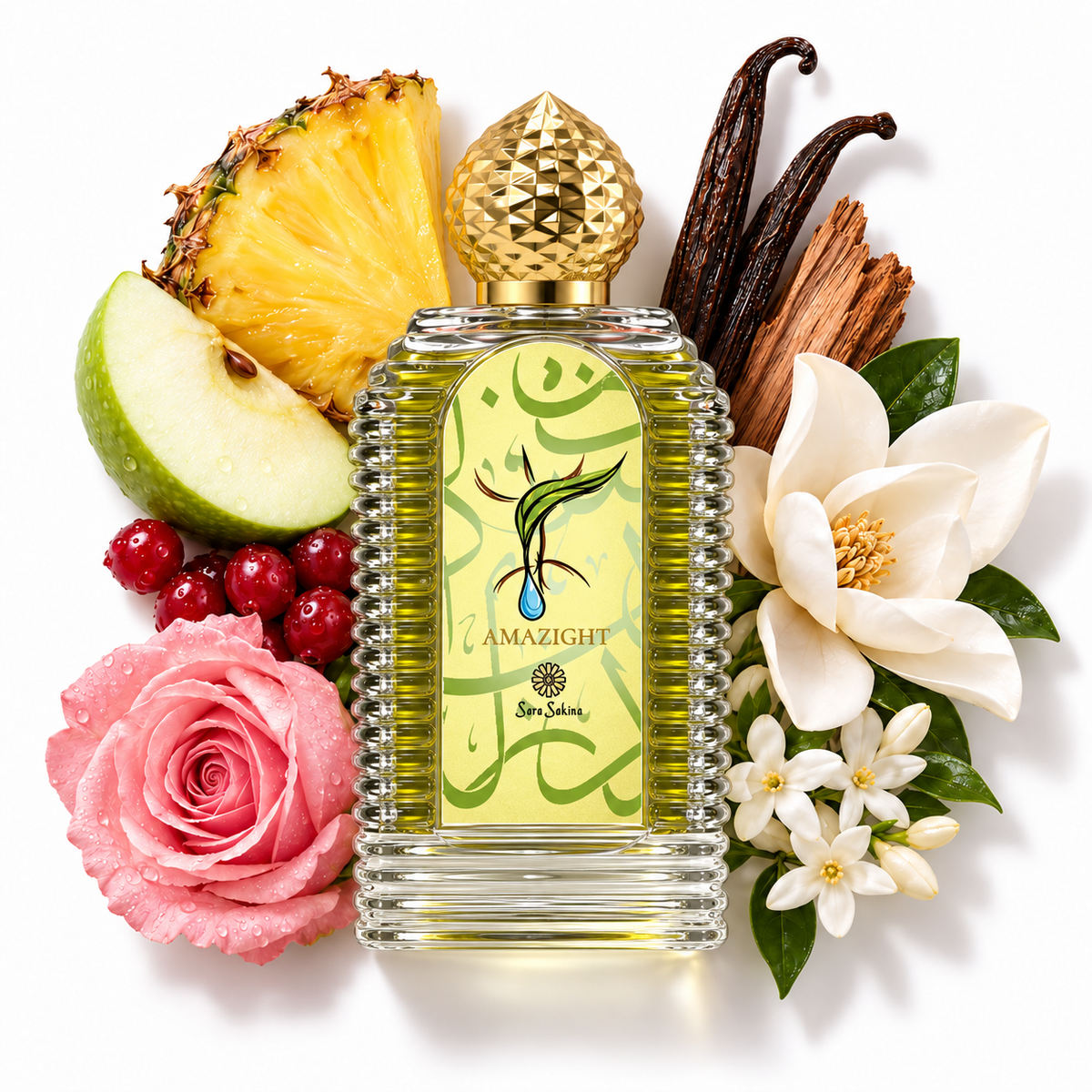 Amazight by Sara Sakina, 100ml extrait de parfum in a horizontally ribbed glass bottle, with pineapple, apple, berries, rose and vanilla on a white flat lay