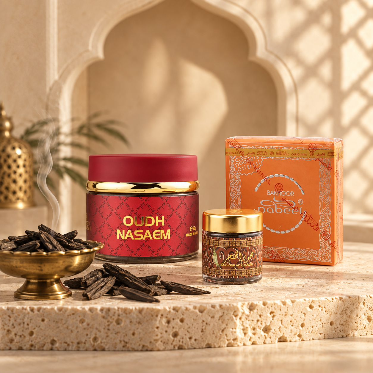 Nabeel Oudh Nasaem, Banafa Al Khanjar and Nabeel bakhoor in an Arabian incense setting
