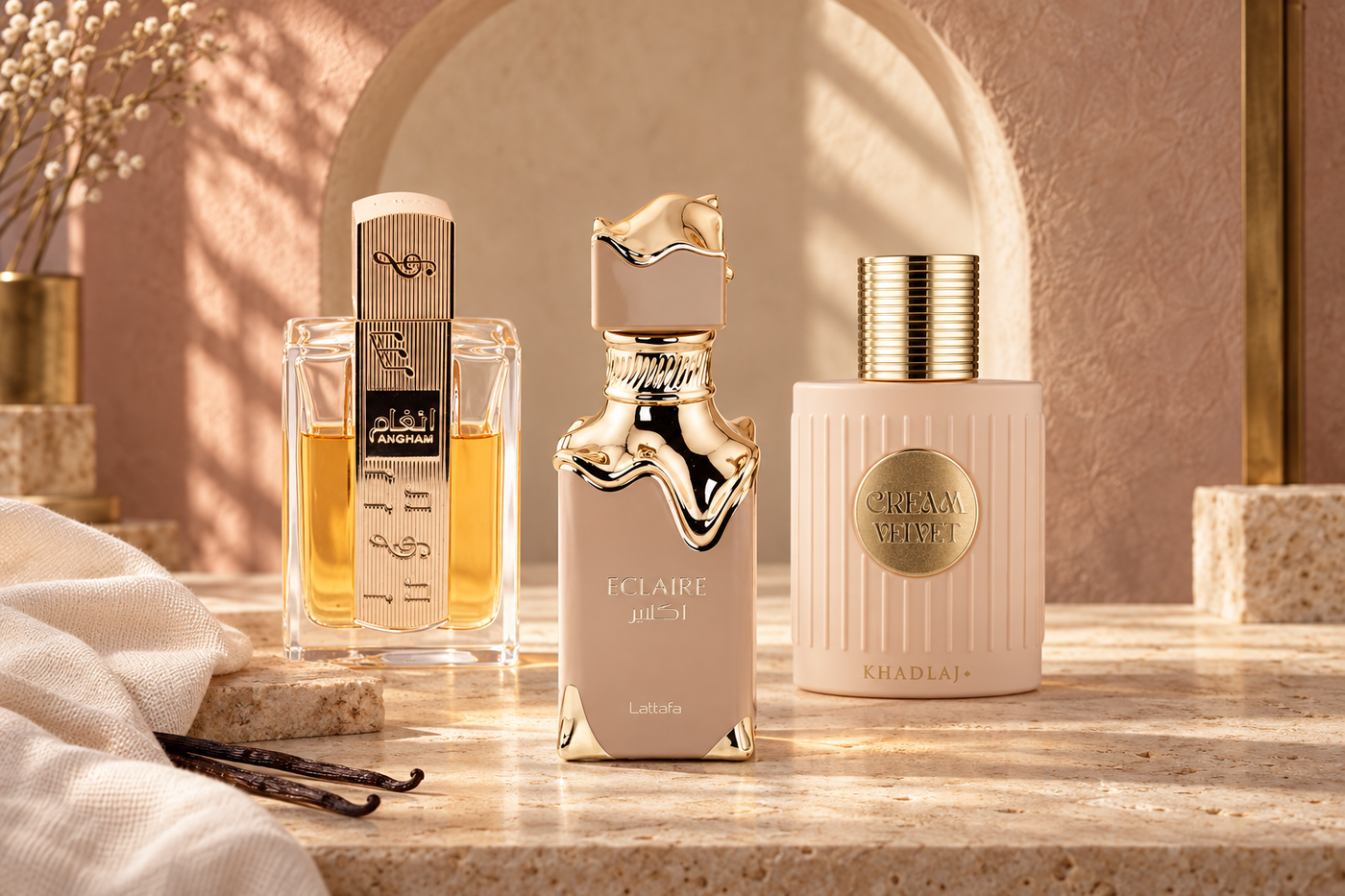 Angham, Eclaire and Cream Velvet in a soft rose and cream Arabian alcove