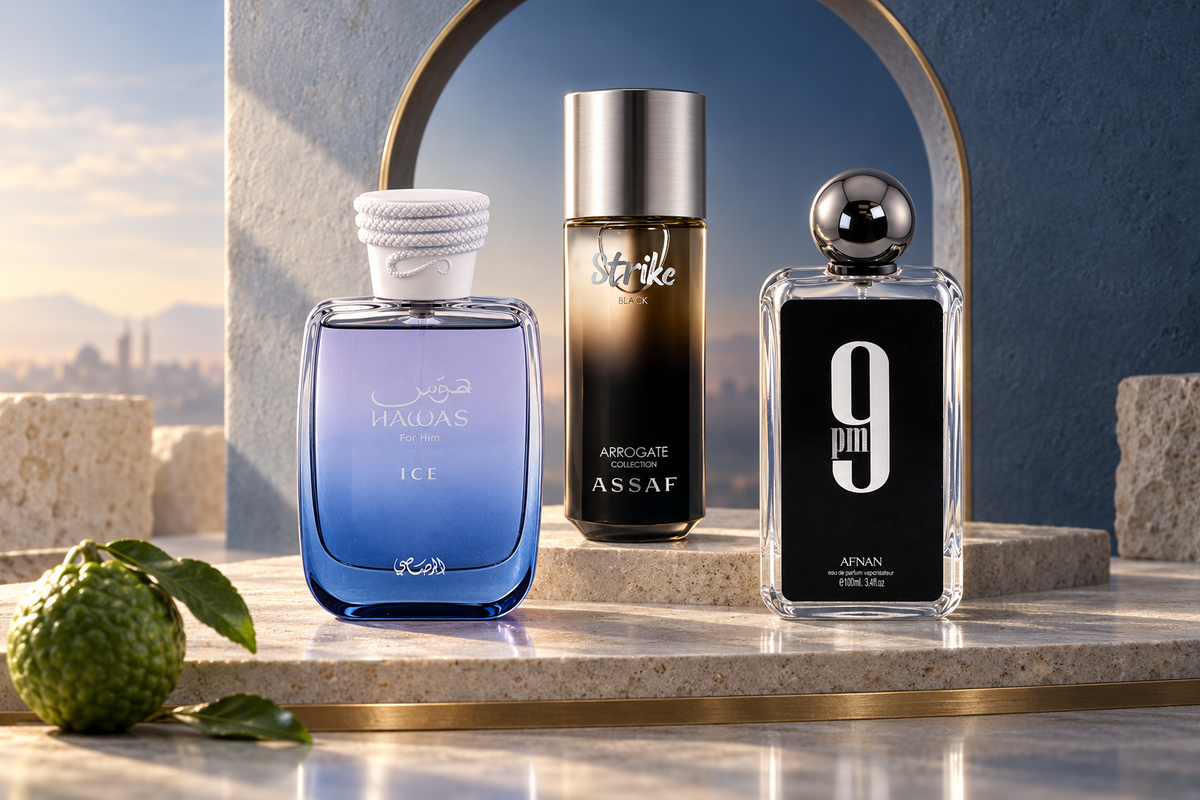 Hawas Ice, Assaf Strike Black and original Afnan 9PM in a cool blue Arabian arch setting