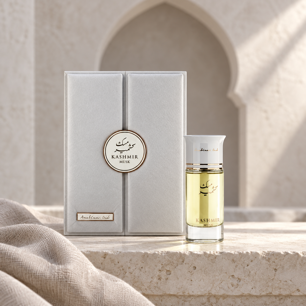 Arabian Oud Kashmir Musk bottle and presentation box in a cream arch setting