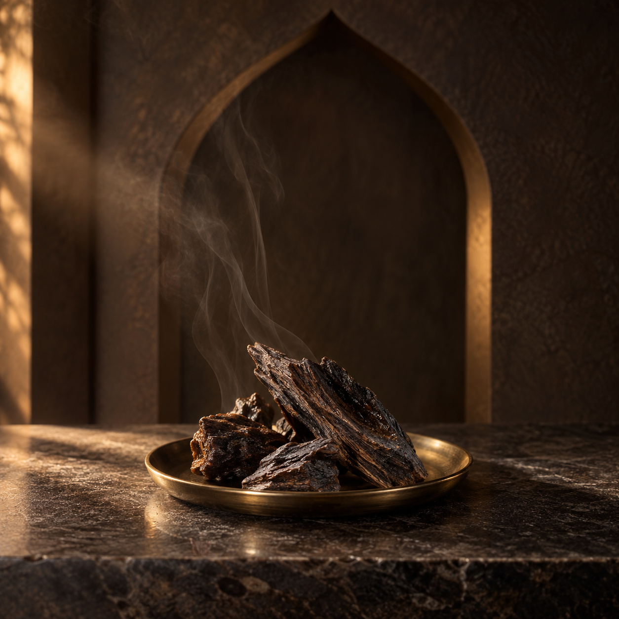 Agarwood chips on a brass tray in a dark Arabian arch setting, an editorial oud illustration