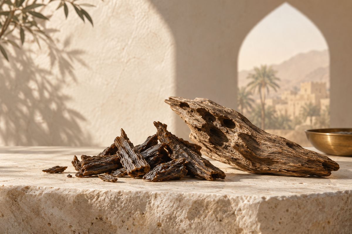 Resinous agarwood in a sunlit cream Arabian setting, an editorial oud illustration