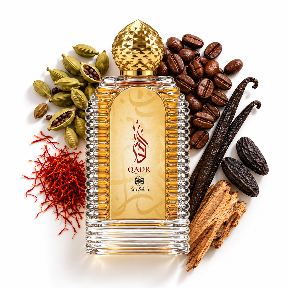 Qadr by Sara Sakina, 100ml extrait de parfum in a horizontally ribbed glass bottle, with cardamom, saffron, coffee and vanilla on a white flat lay