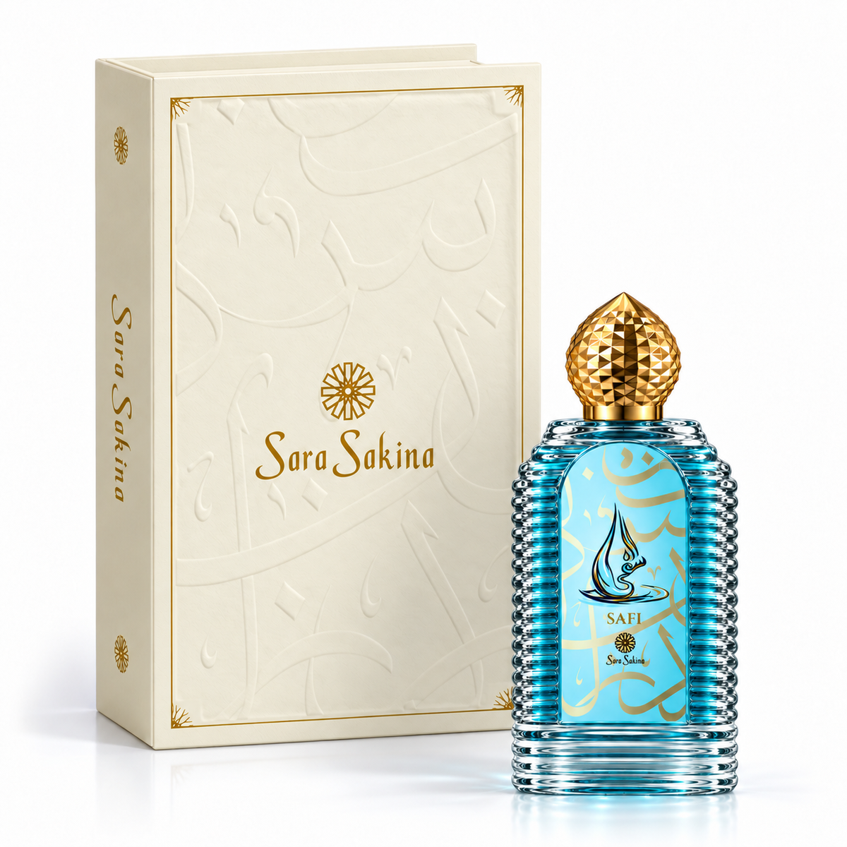 Safi by Sara Sakina, ribbed aqua 100ml bottle with the embossed ivory book-style presentation case and gold branded spine behind it