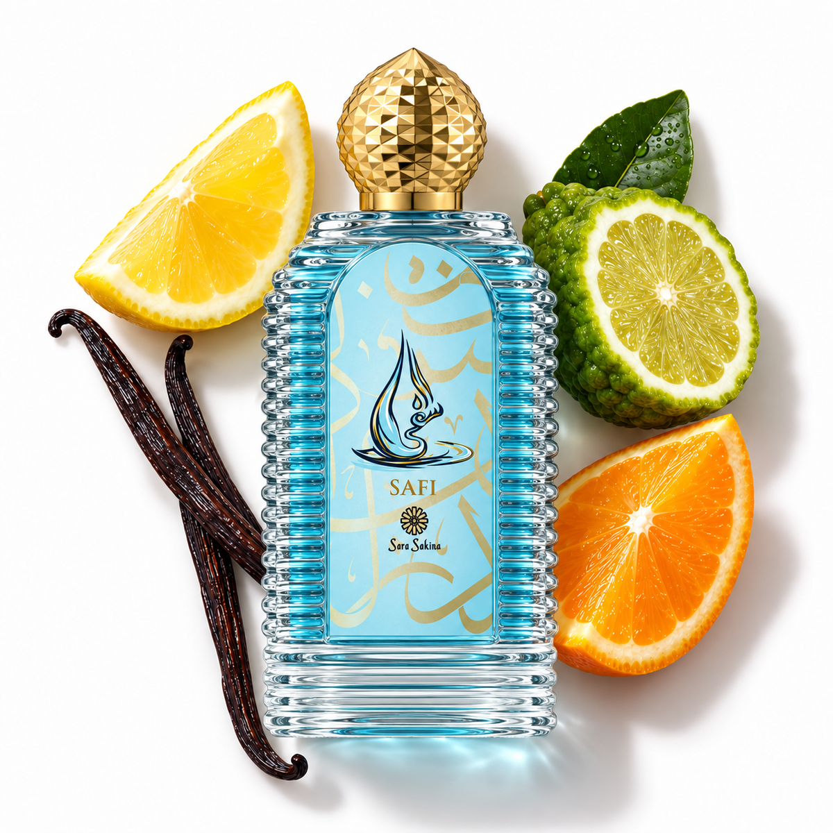 Safi by Sara Sakina, 100ml extrait de parfum in a horizontally ribbed glass bottle, with citrus and vanilla on a white flat lay