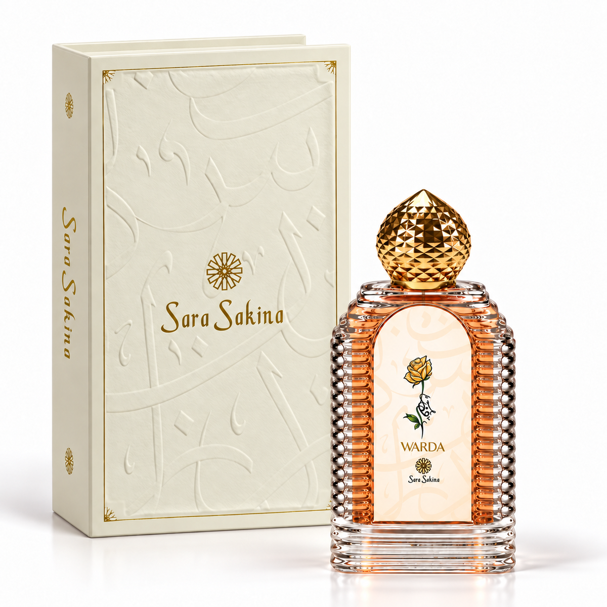 Warda by Sara Sakina, ribbed peach 100ml bottle with the embossed ivory book-style presentation case and gold branded spine behind it
