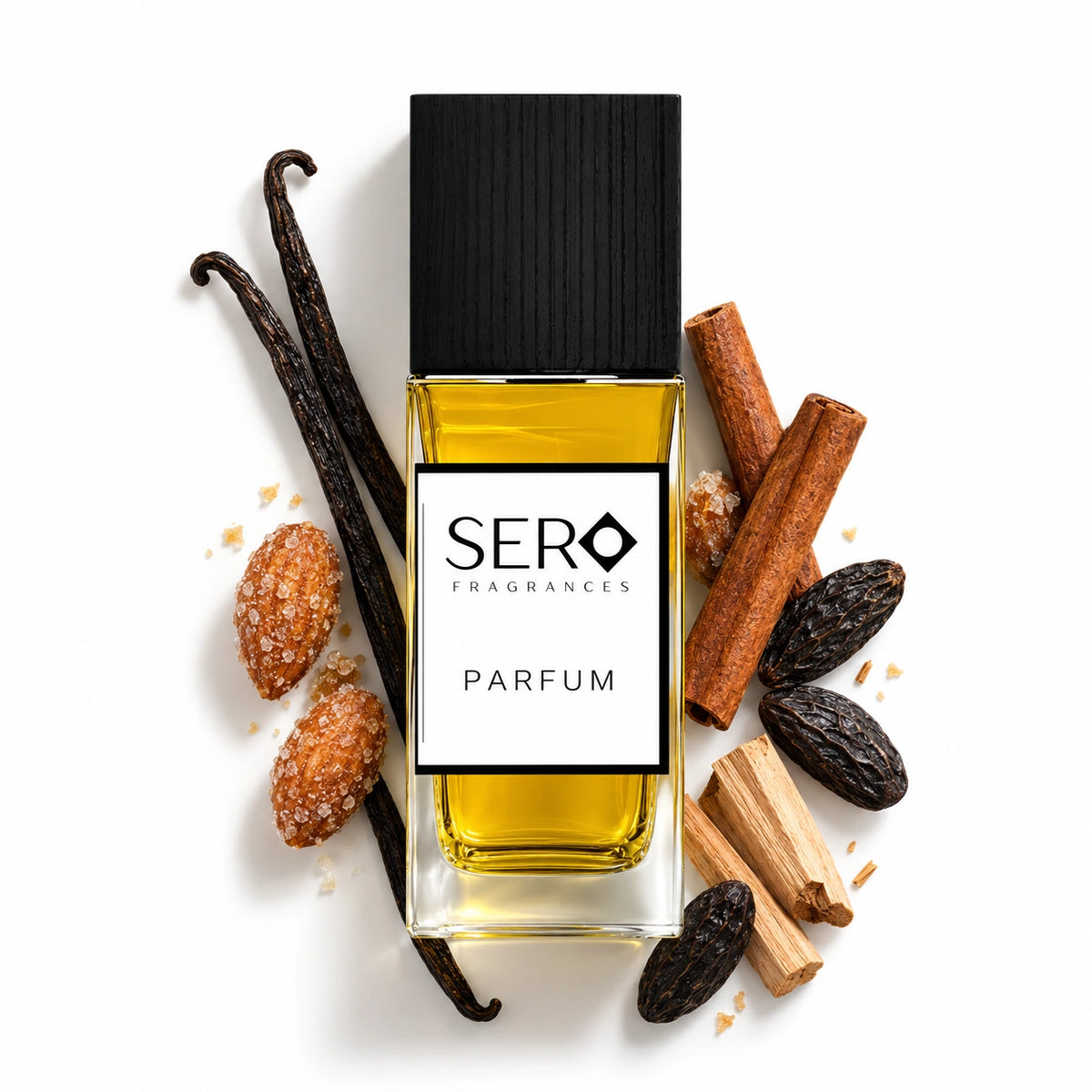 Sero Spirit Flame 50ml bottle with cinnamon, tonka bean, vanilla, candied almond and sandalwood