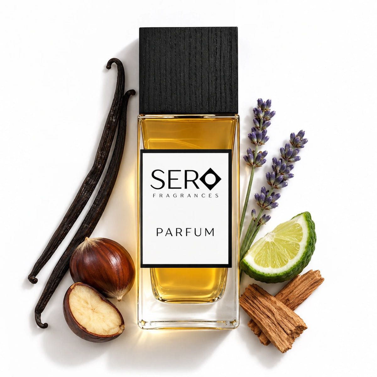 Sero Strong 50ml bottle with bergamot, lavender, madagascar vanilla, chestnut and cedar