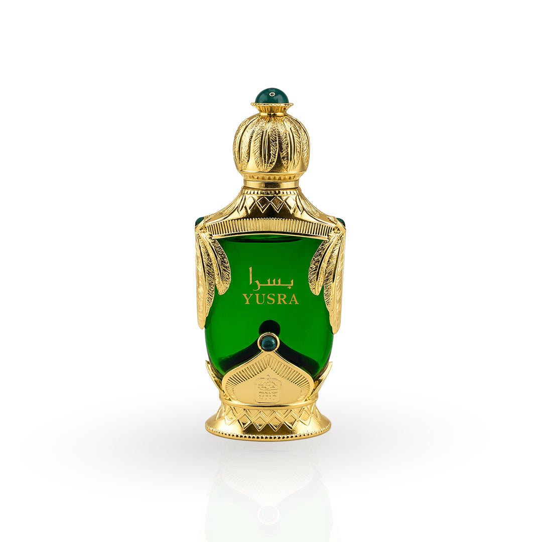 Green and gold perfume bottle with 'Yusra' branding on a white background