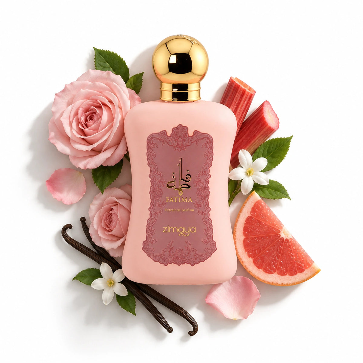 Zimaya Fatima 100ml bottle with rose, jasmine, rhubarb, grapefruit and vanilla